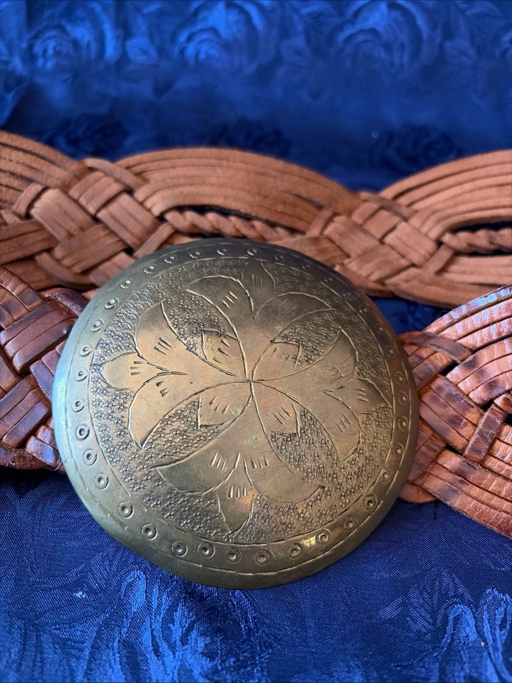 VTG Moroccan-Style Leather Belt W/Circular Brass Buckle - Picture 2 of 3